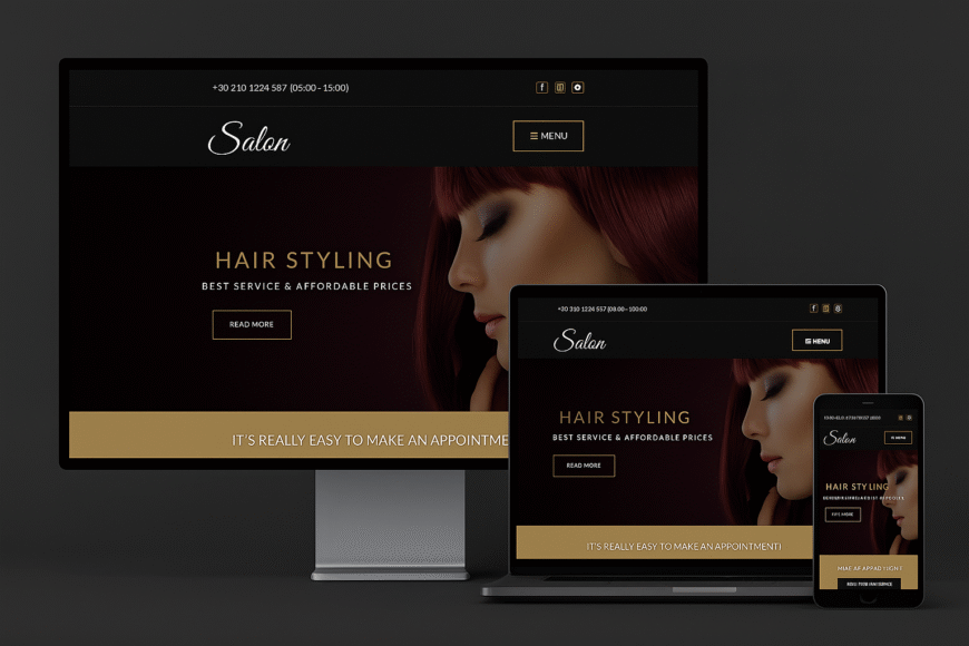 Responsive website design for a hair and makeup salon displayed on desktop, laptop, and tablet devices with a dark background and gold accents, reflecting the elegant look of the Salon WordPress theme.